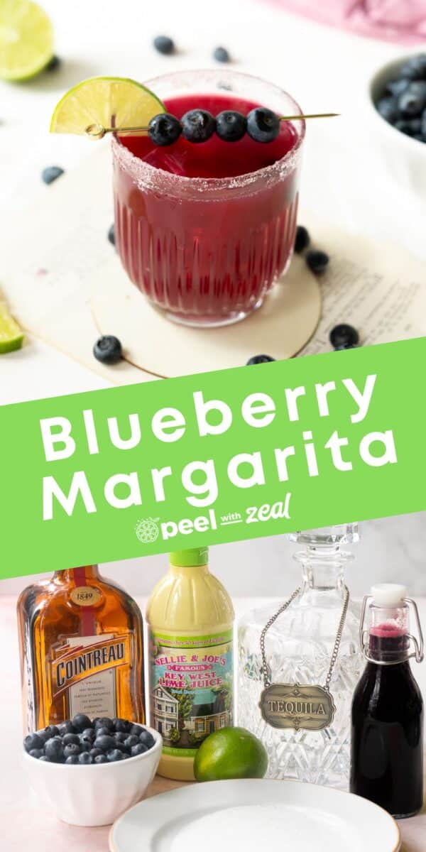 A blueberry margarita in a glass with fresh blueberries on its rim, accompanied by a lime slice, and below this are the ingredients for blueberry margarita.