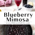 A champagne glass filled with blueberry syrup and prosecco wine is poured in, with a pan of simmering blueberries below.⁣⁣ ⁣⁣