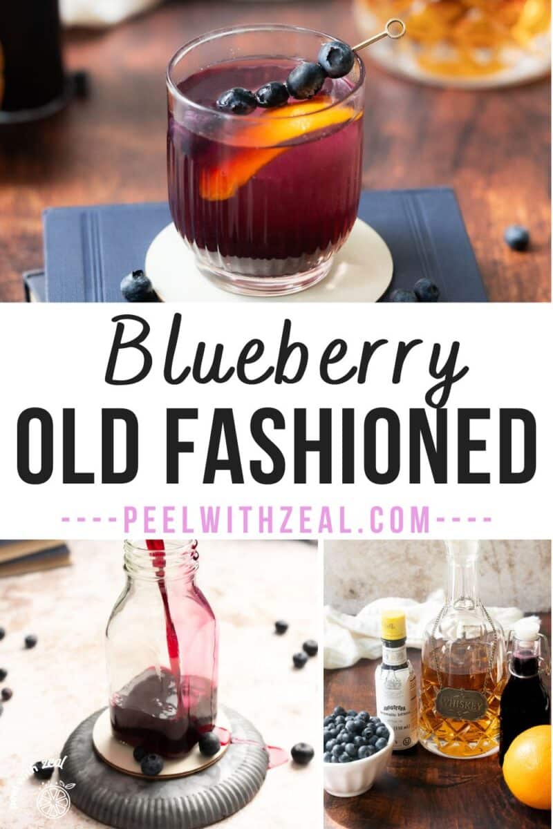A glass filled with blueberry syrup, ice, and a lemon slice, adorned with fresh blueberries on small fruit picks, below this image, another depicts a bottle pouring blueberry syrup, with the ingredients for a blueberry old-fashioned showcased on a countertop.
