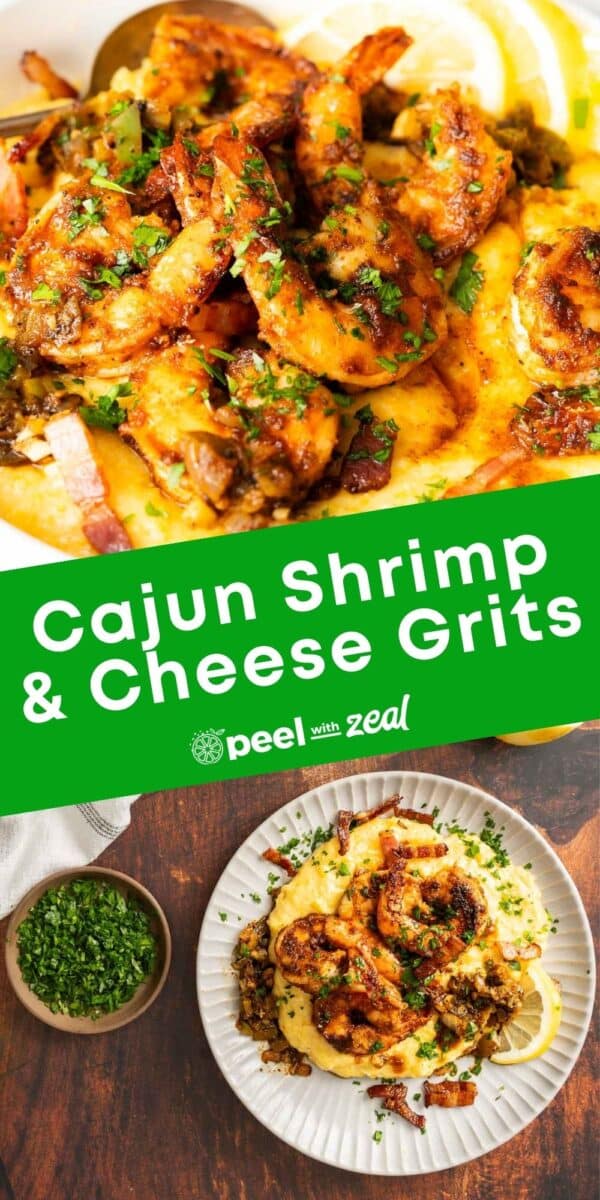 Cajun shrimp and grits, with a portion served on a plate.