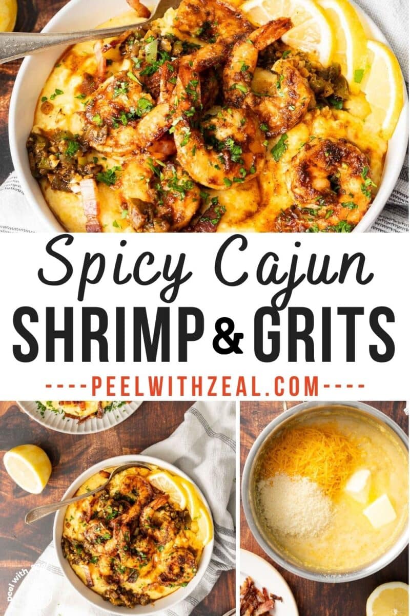 Cajun shrimp and grits served in a dish with lemon slices.
