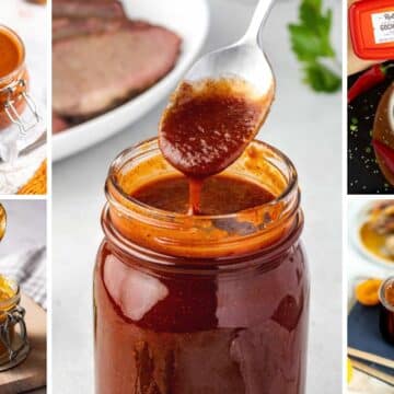 Gluten-Free BBQ Sauce, Spicy Mustard BBQ Sauce, Korean Gochujang sauce, Apricot BBQ sauce, all presented on the table.