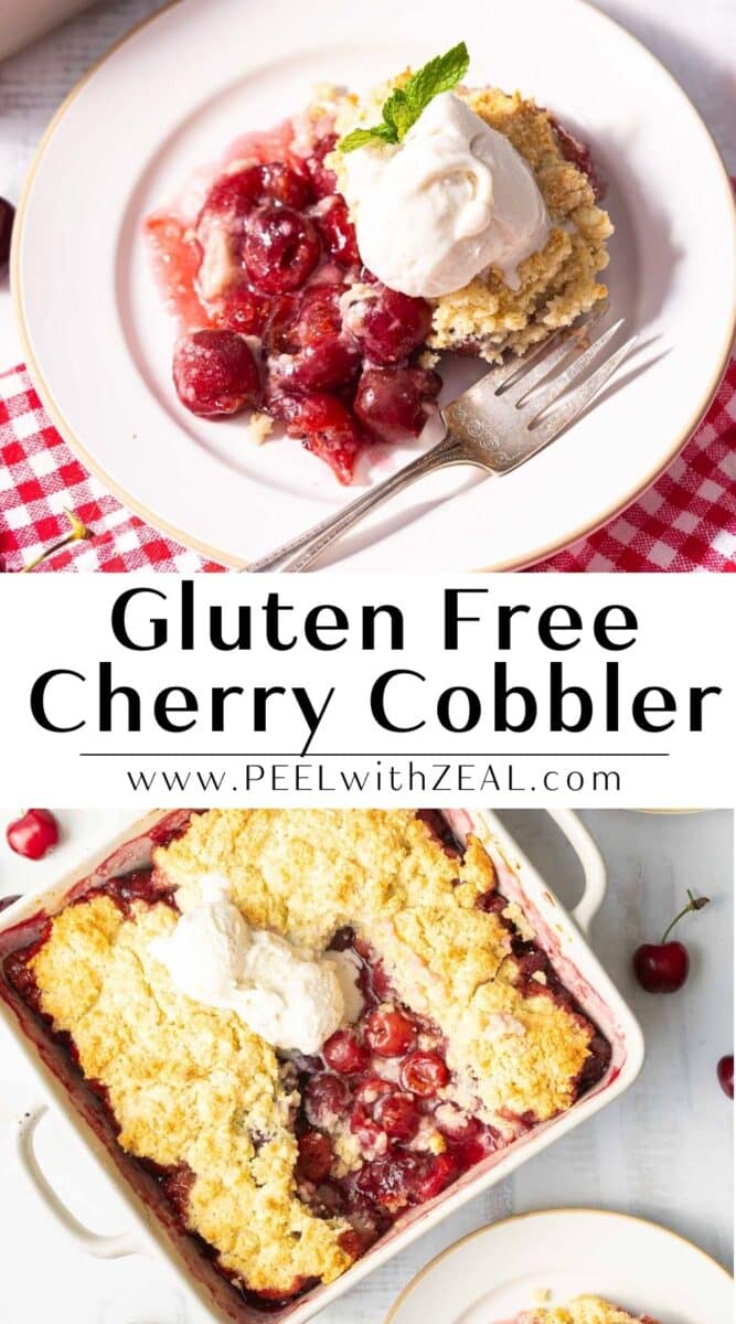 On the table sits a plate of cherry cobbler adorned with vanilla ice cream, alongside a baking dish filled with more cherry cobbler.⁣