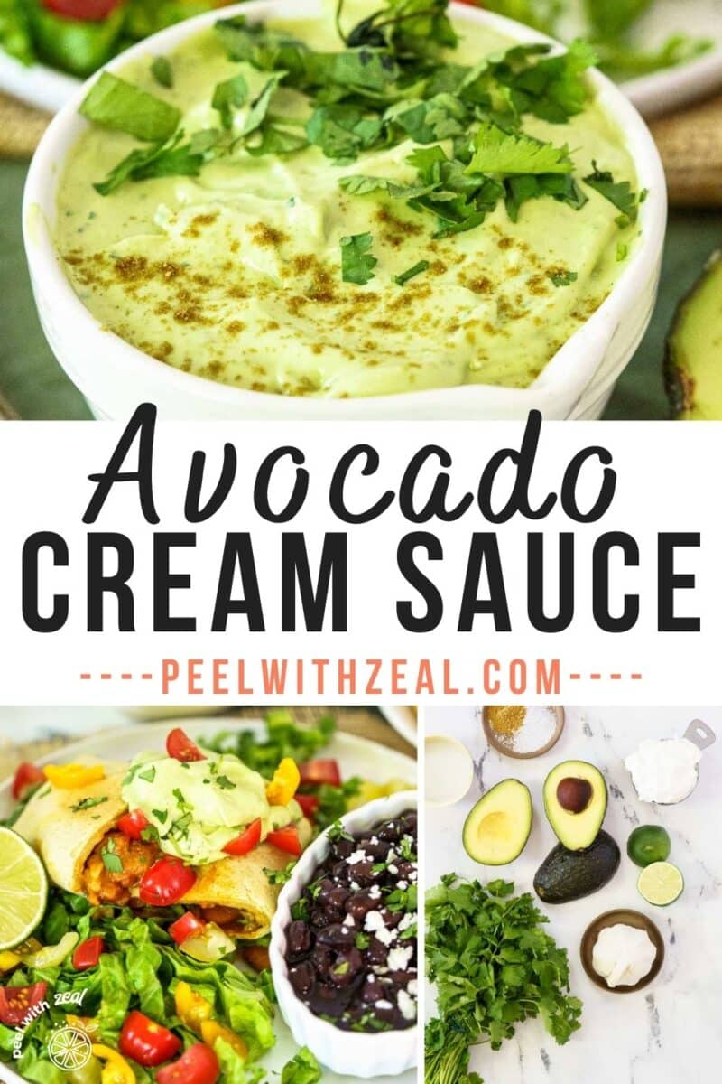 Creamy avocado sauce in a bowl and over tacos.