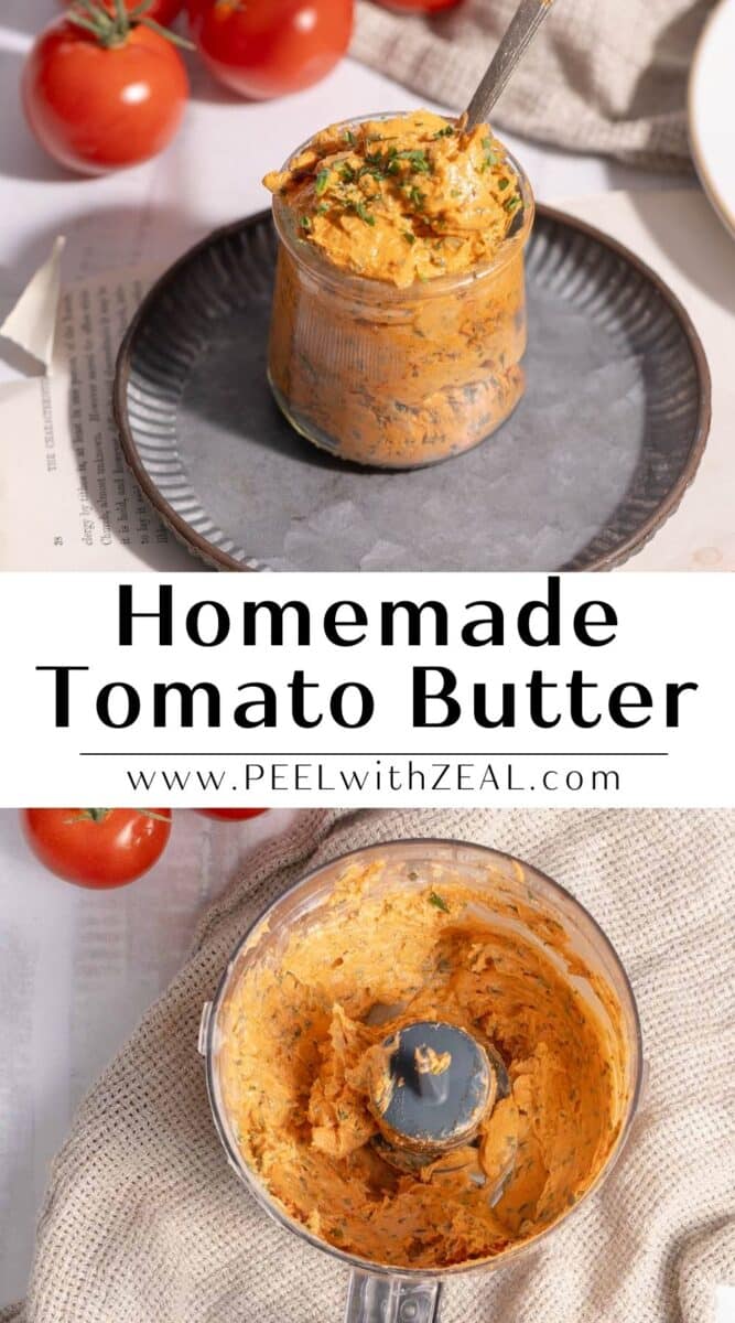 Tomato butter over a plate and tomato butter in the blender resting on the table.