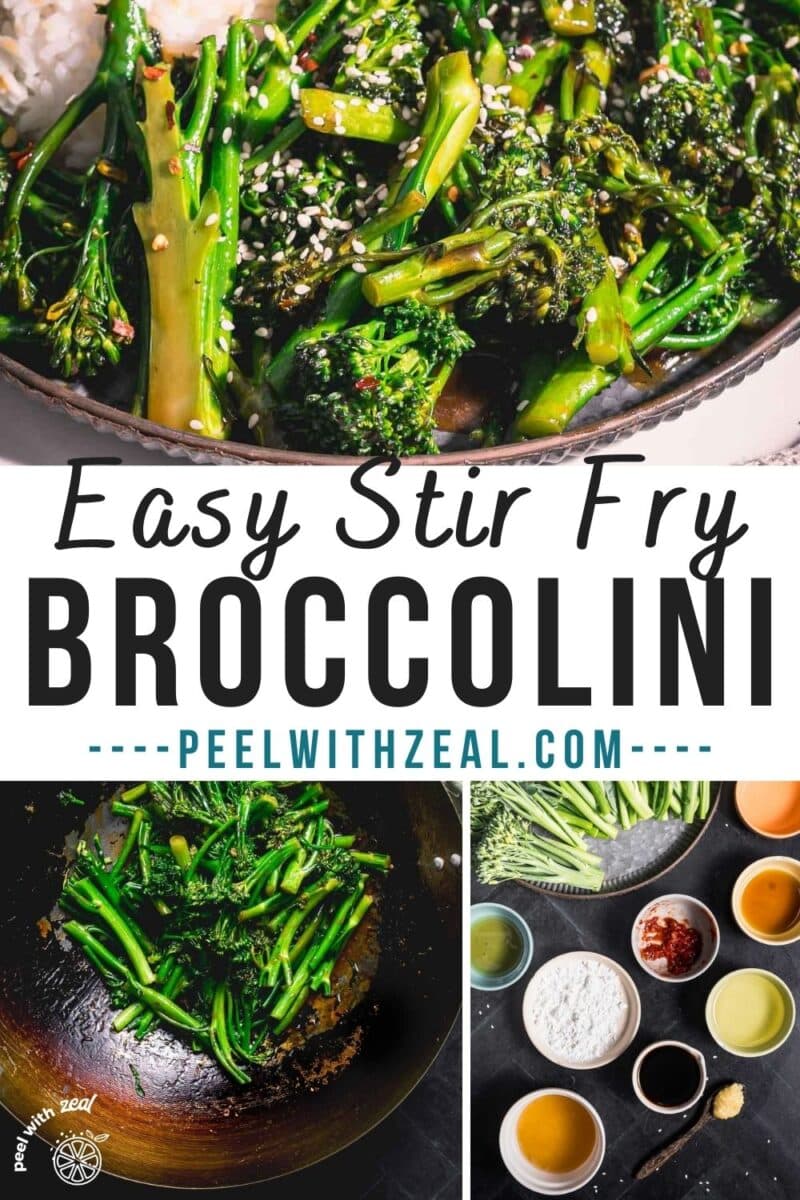 Stir fried broccolini in the platter also in the wok and showing the stir fry broccolini ingredients.