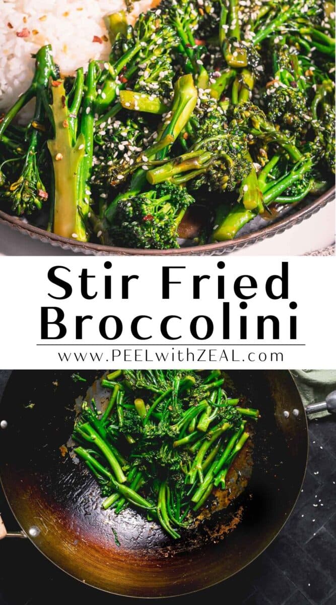 Stir fried broccolini in a platter and another broccolini in the wok.