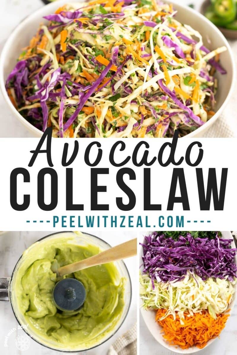 Avocado coleslaw in a salad bowl resting on the table along with avocado guacamole in the food processor.