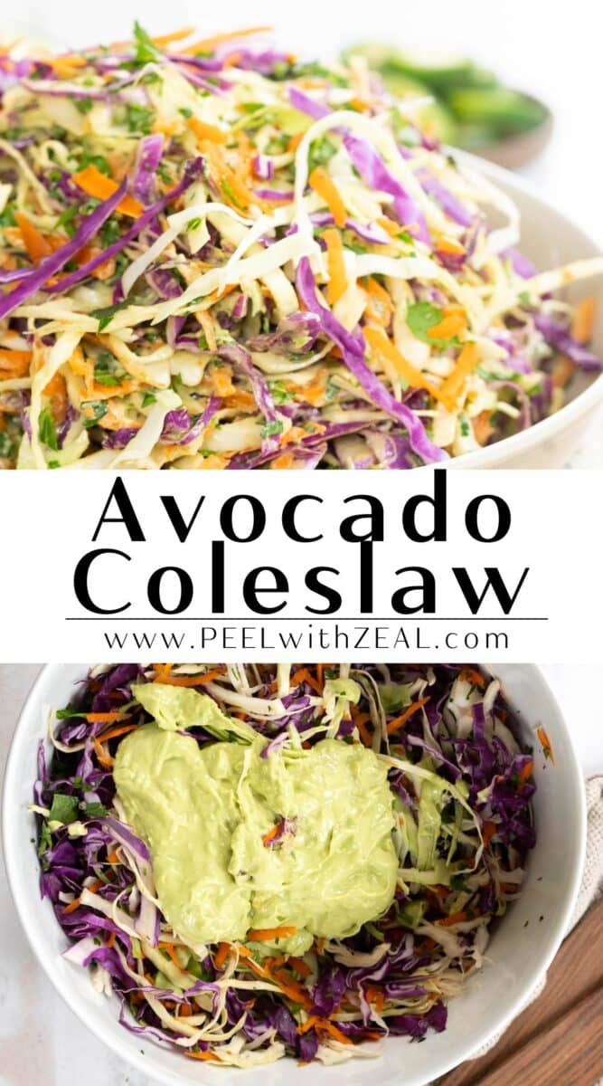 Avocado coleslaw in a salad bowl resting on the table.
