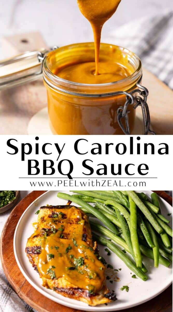 Spicy mustard BBQ sauce pours from a spoon, filling a jar on a wooden board, while a plate of Spicy Carolina BBQ meat, drizzled with BBQ mustard sauce.