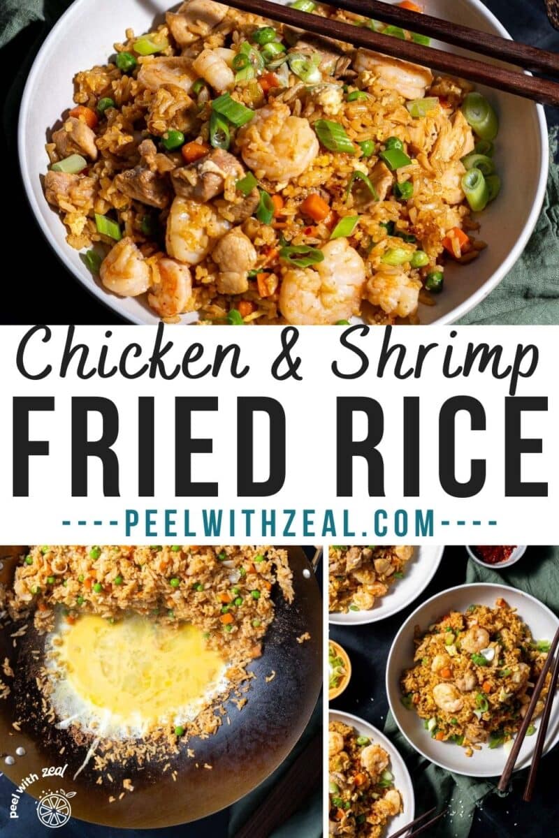 Shrimp and chicken fried rice served in a bowl on the table, alongside additional fried rice in the wok.