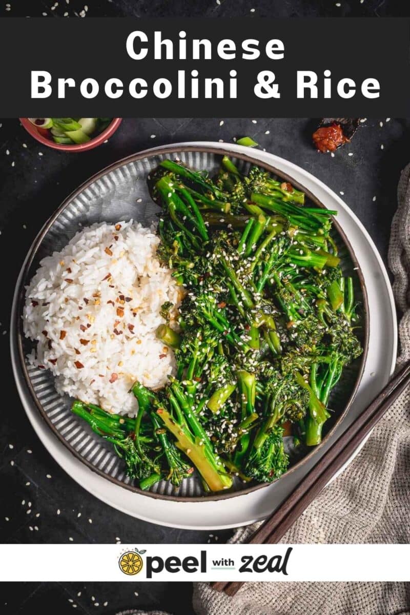Chinese stir fried broccolini with topped with sesame seeds served on the table.