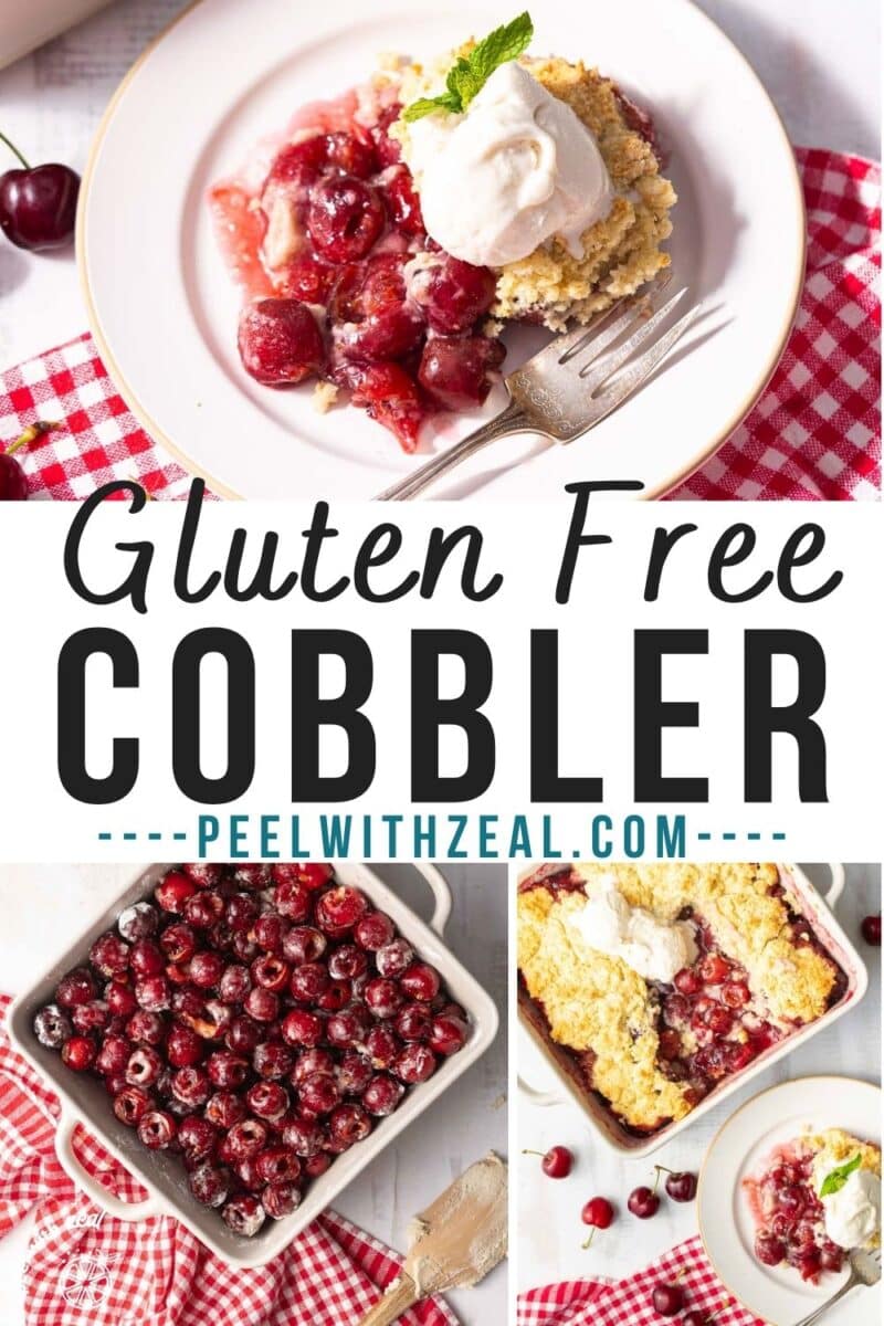 A plate of cherry cobbler topped with vanilla ice cream, accompanied by a baking dish of cherry cobbler, both placed on the table.
