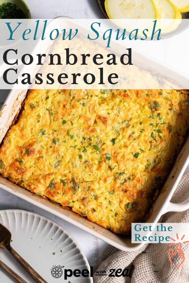Yellow squash cornbread casserole in the baking dish.