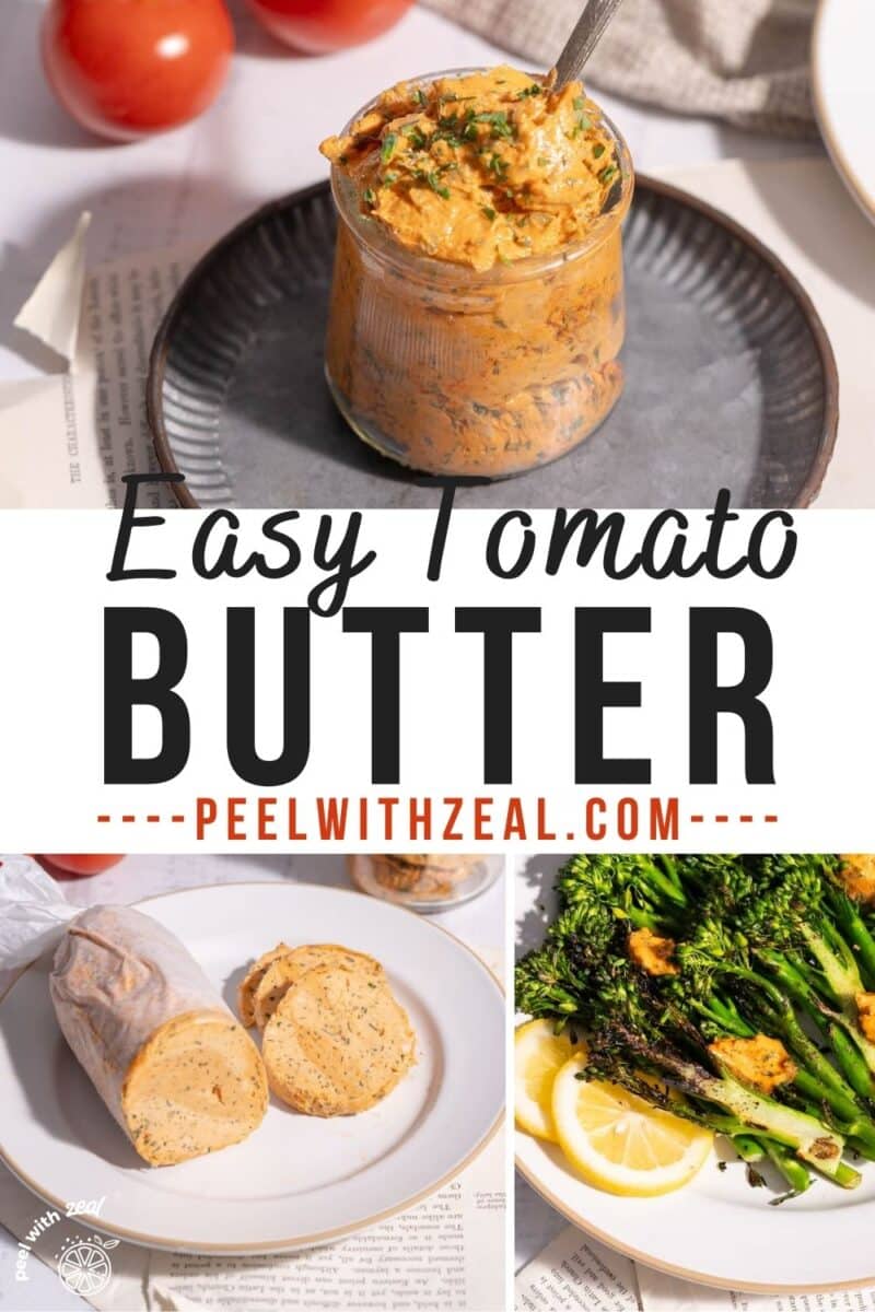 Tomato butter in a platter and tomato butter wrap in a parchment paper and broccolini with tomato butter dressing.