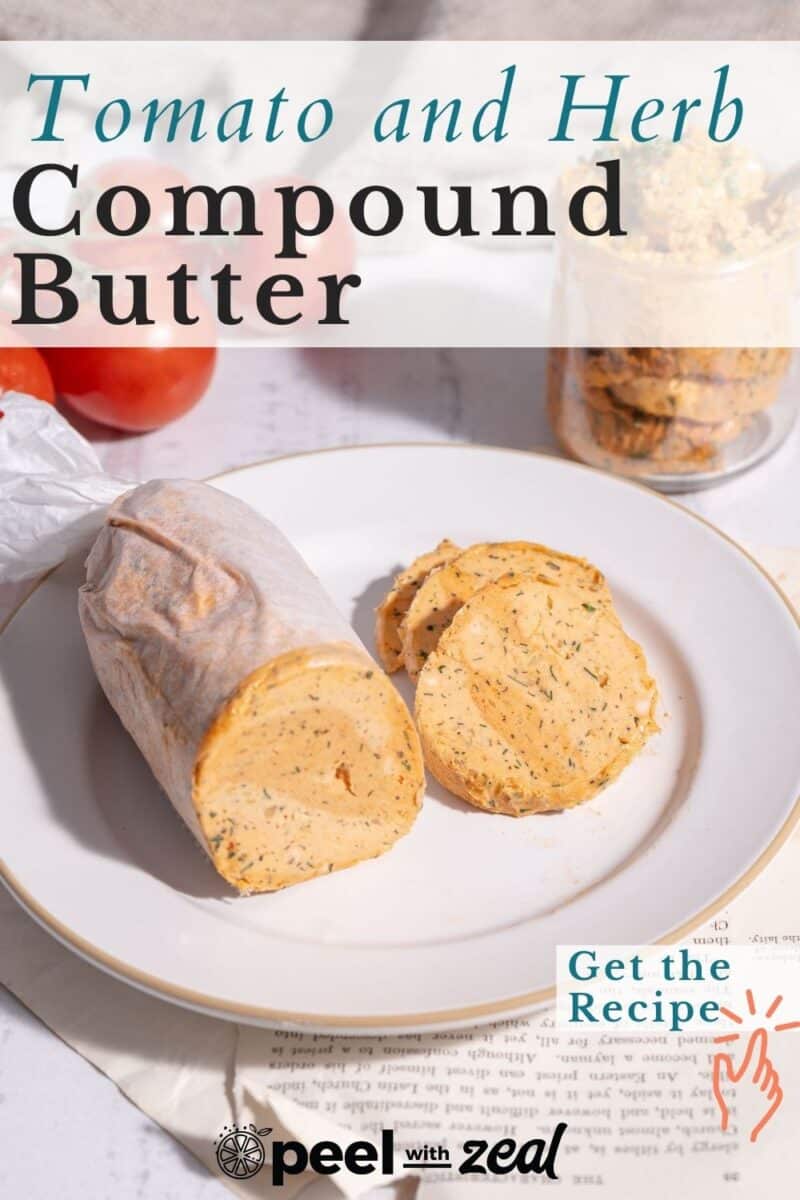A slices of Tomato and Herb compound butter in a white dinner plate place on the table.