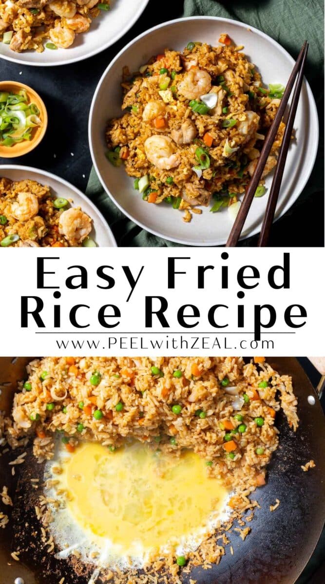 Shrimp and chicken fried rice served in a bowl, set on the table.