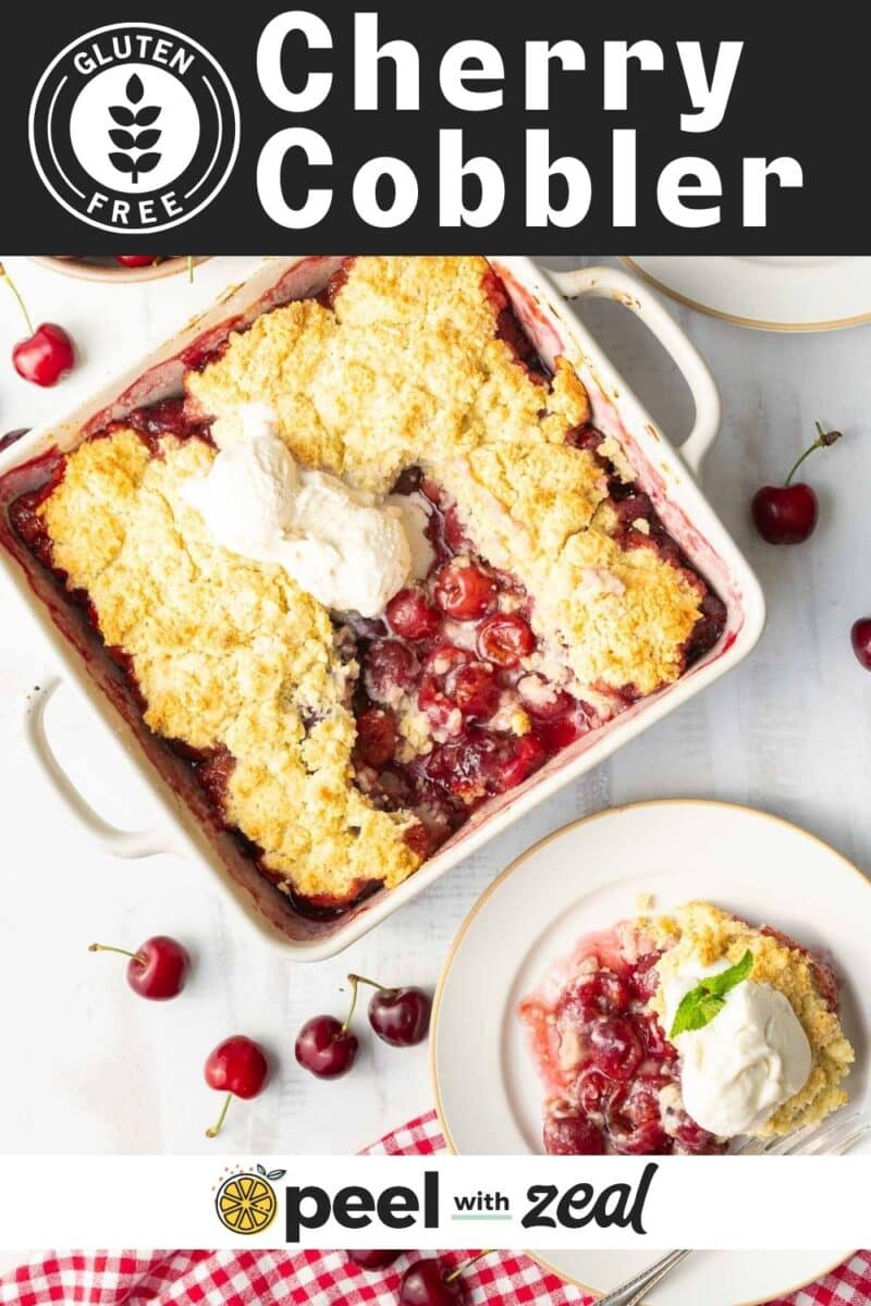 A freshly baked cherry cobbler and a serving of cherry cobbler topped with vanilla ice cream, both placed on the table.