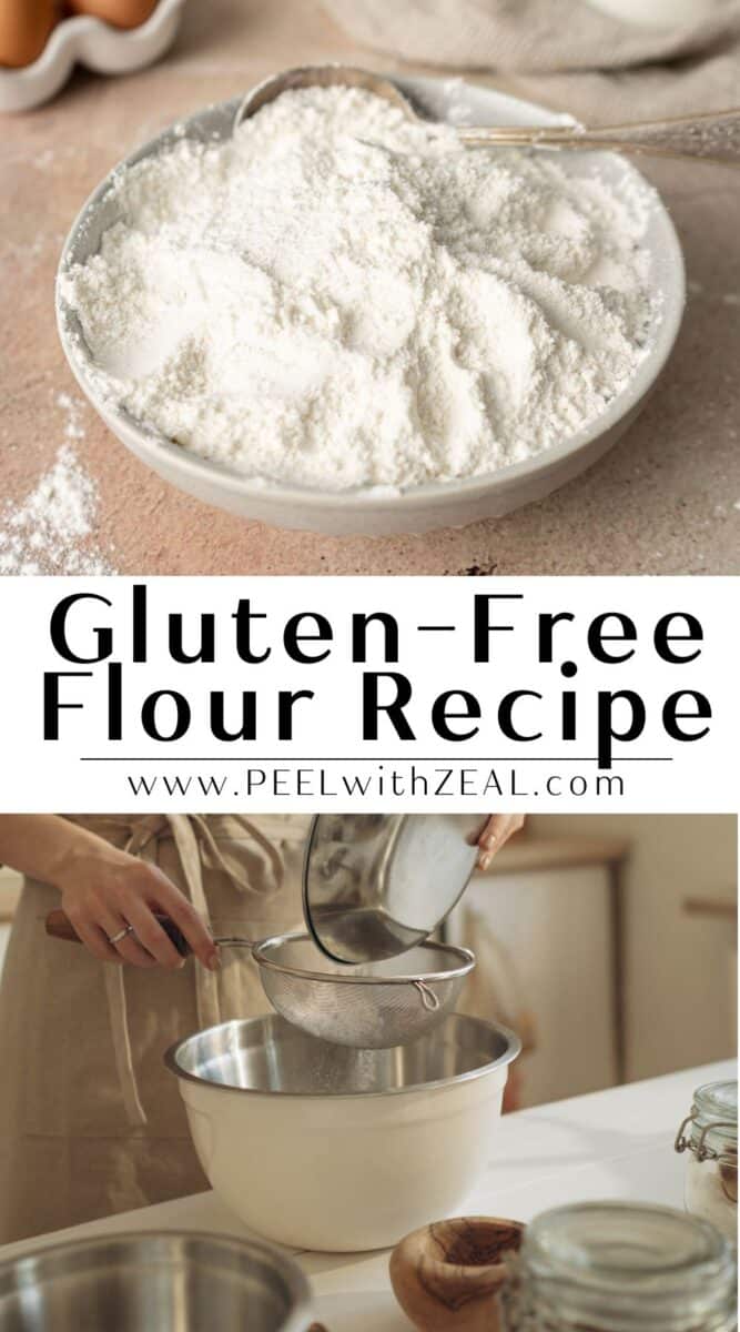 Gluten-free flour in the bowl on the countertop.