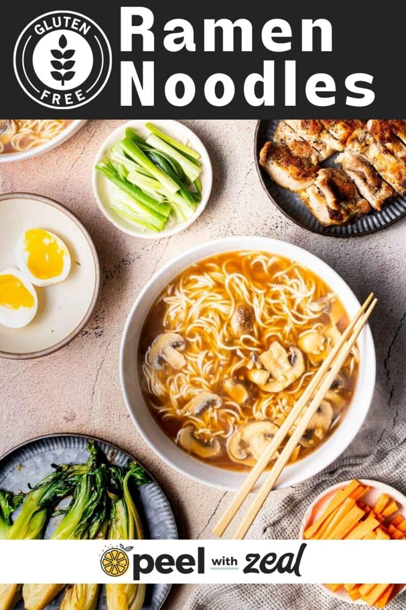 Ramen noodle on a bowl garnish with mushrooms, and cooked vegetable surround the bow. place on the table.