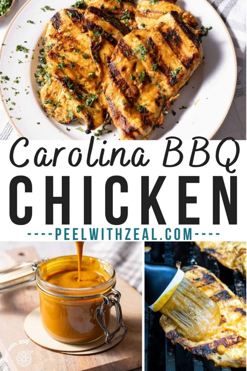 A plate of spicy mustard BBQ is served and a jar of spicy mustard sauce, with Carolina BBQ grilled and brushed with the sauce.