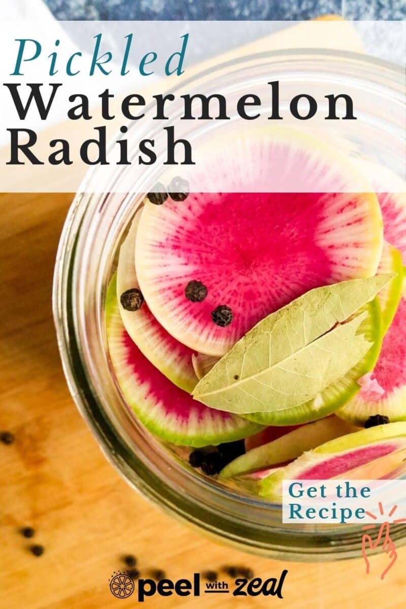 Pickled water melon radish on a jar with pepper corn.