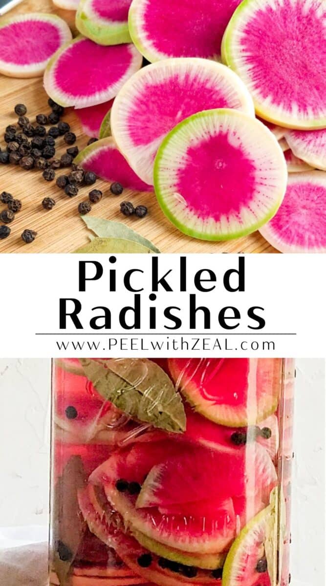 pink pickled radish on a cutting board and on a jar with pepper corns.