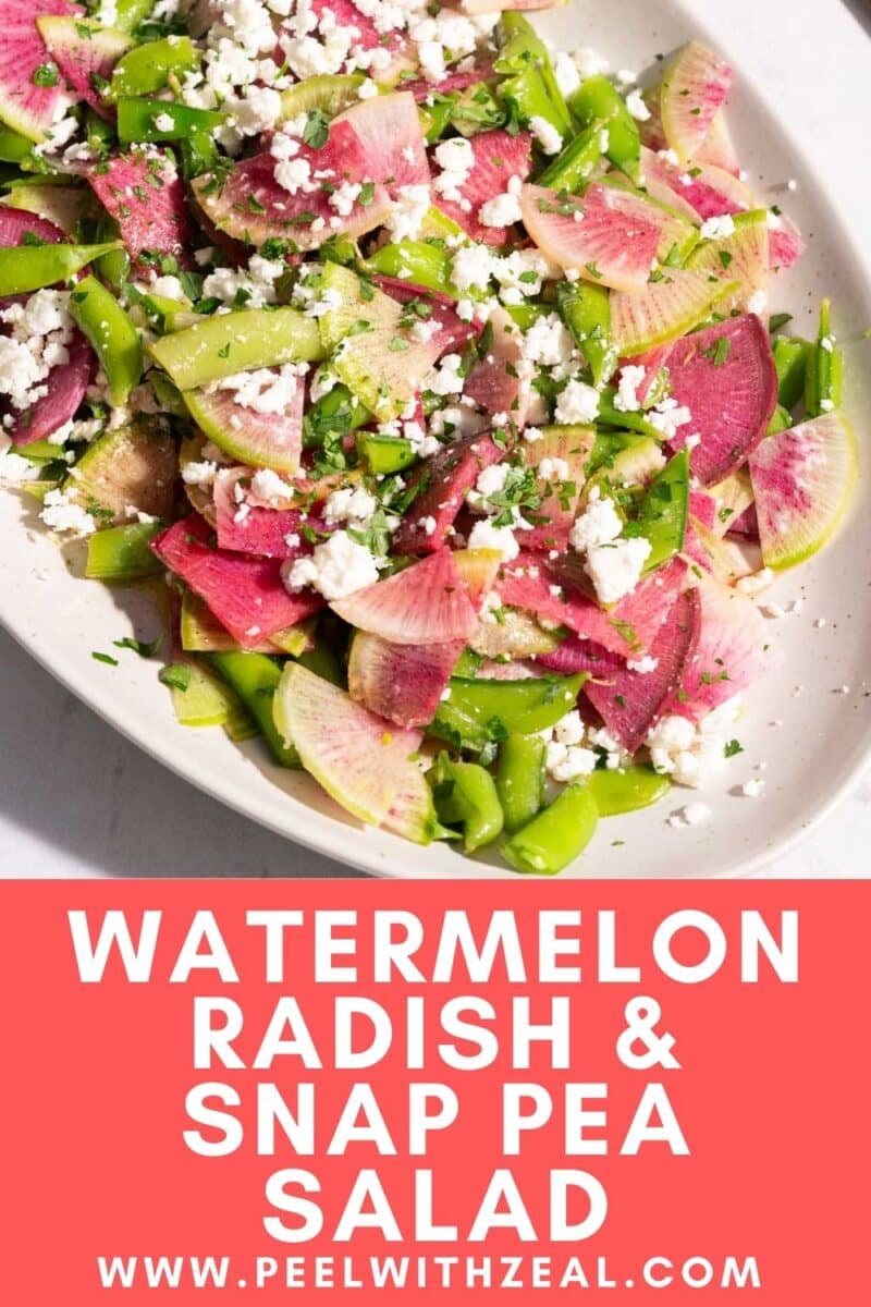 A watermelon radish salad elegantly served on a plate, resting on the table.⁣