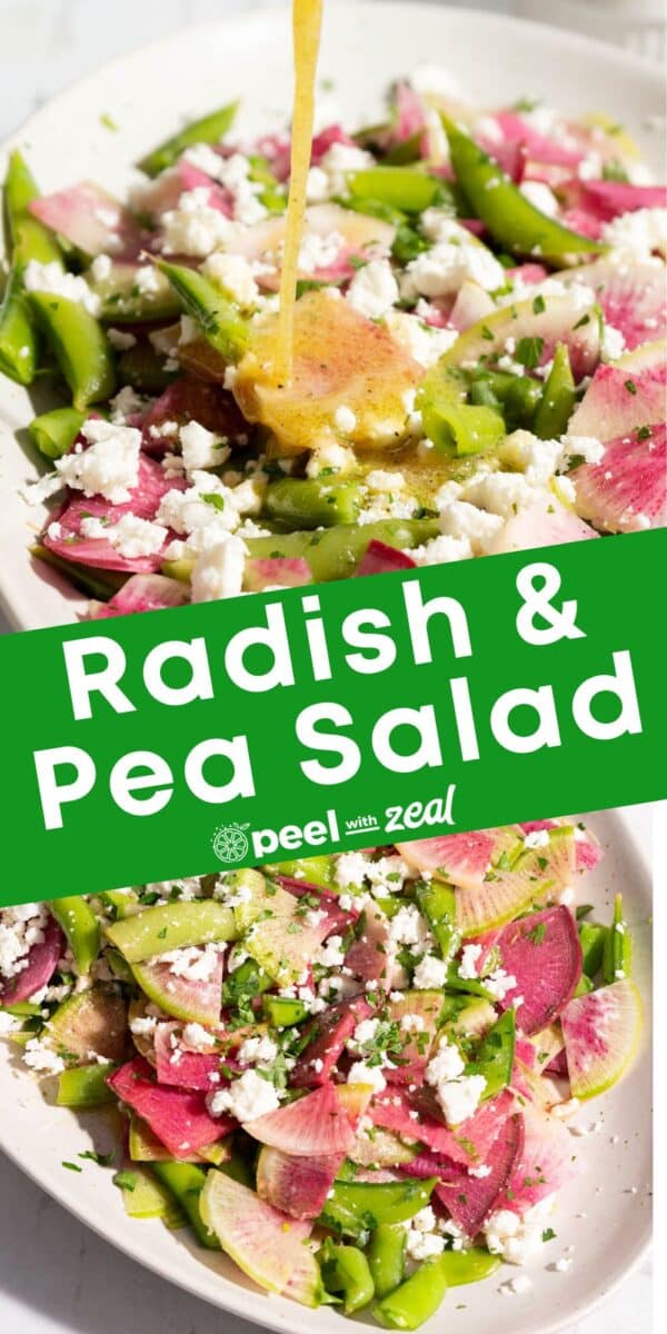 A watermelon radish and pea salad being drizzled with dressing, elegantly presented on a plate and set on a table.