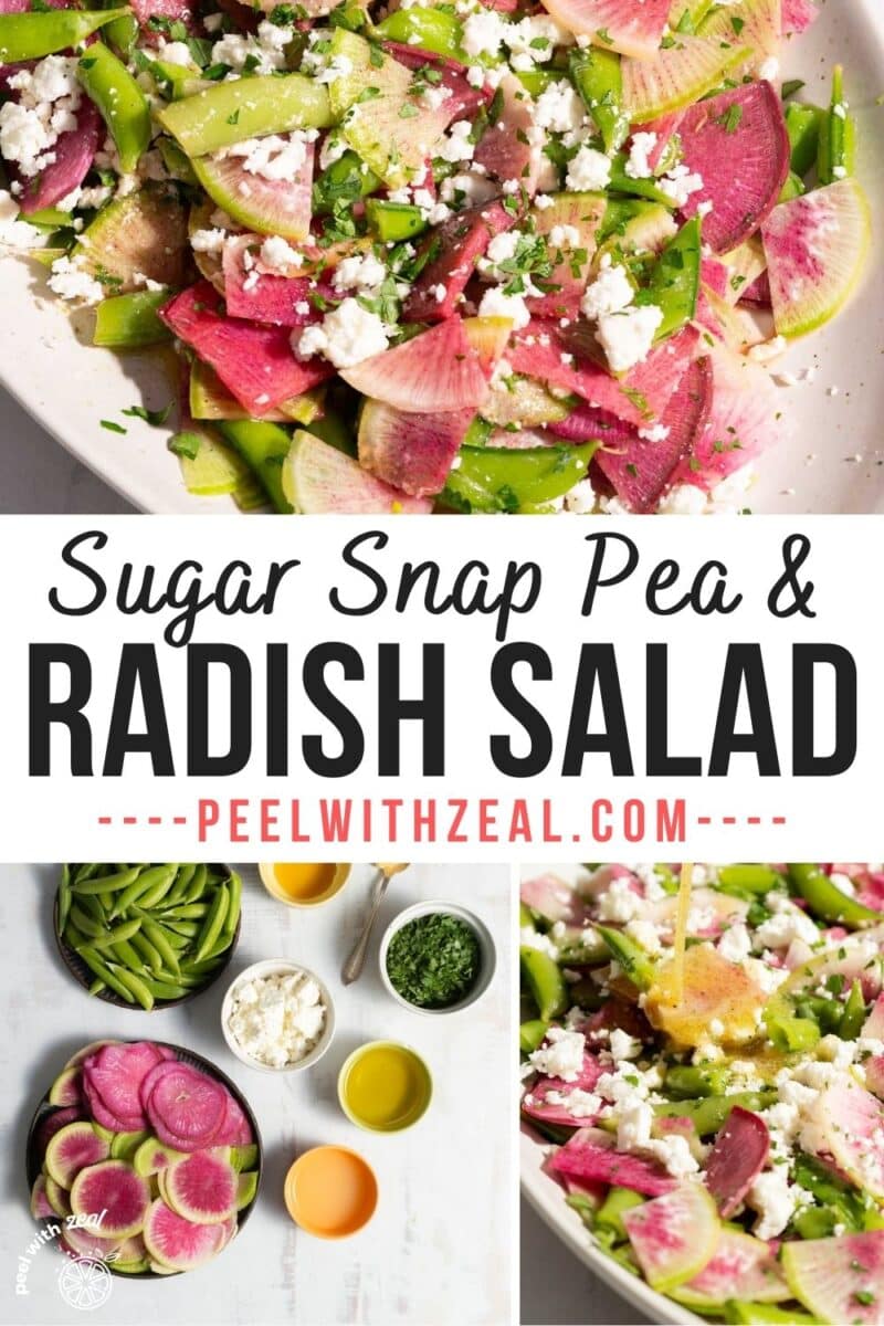 A watermelon radish and pea salad being drizzled with dressing, elegantly presented on a plate and set on a table, and the ingredients being prepared on the table.
