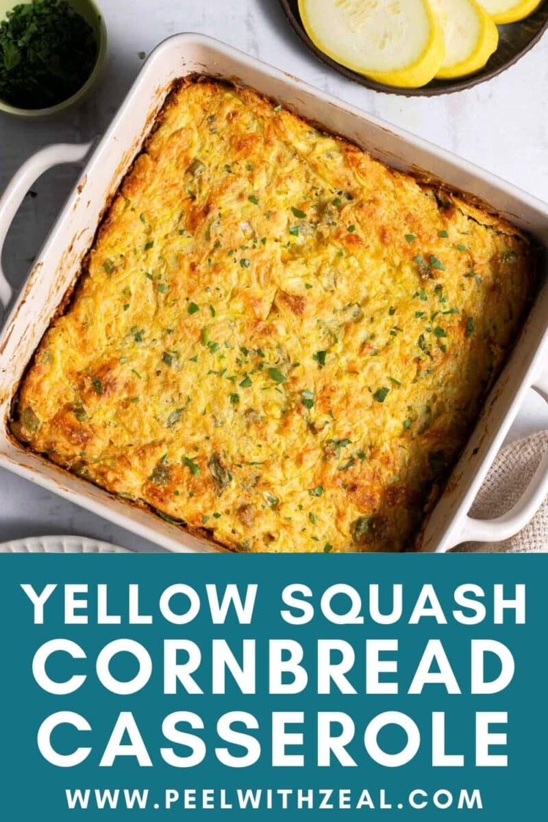 Yellow squash cornbread casserole in the baking dish.