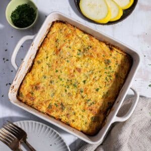 Squash cornbread in the baking dish.