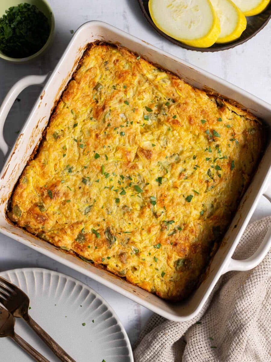 Squash cornbread in the baking dish.