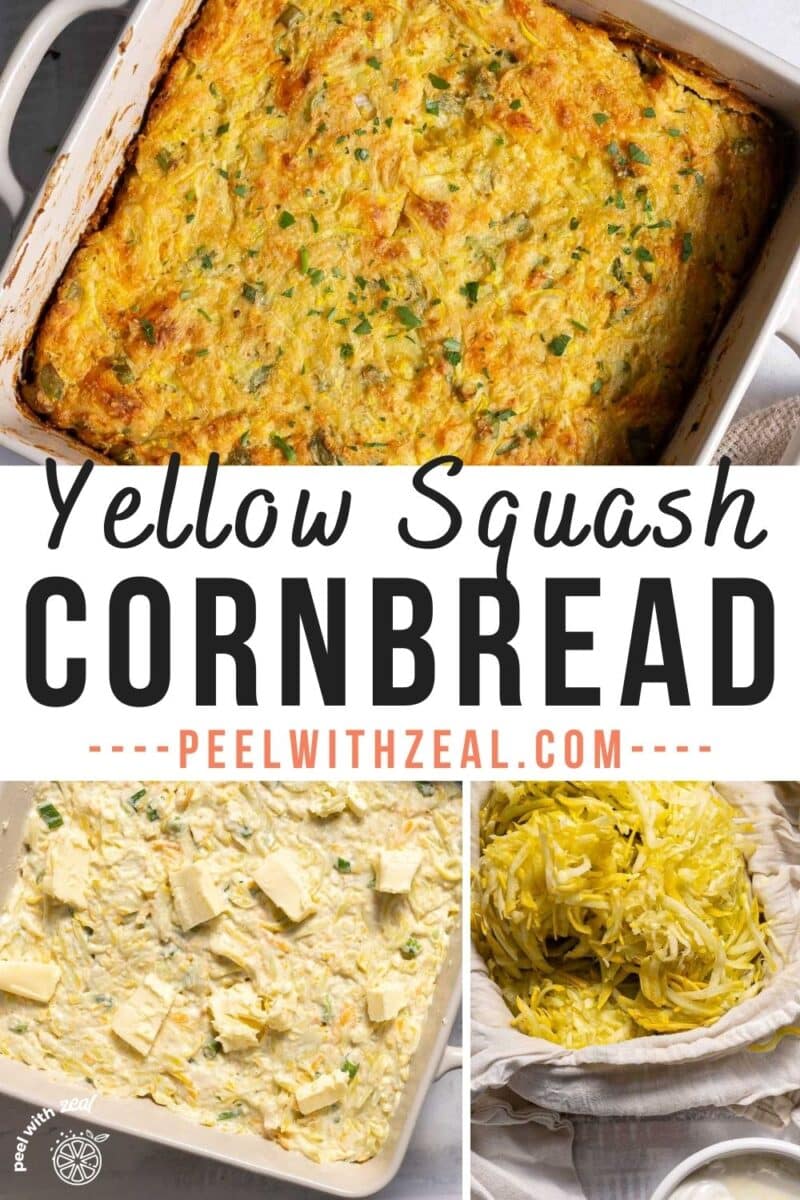 Yellow squash cornbread casserole in the baking dish.