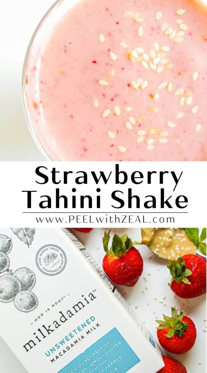 Tahini strawberry shake in a bowl with unsweetened Milkadamia.