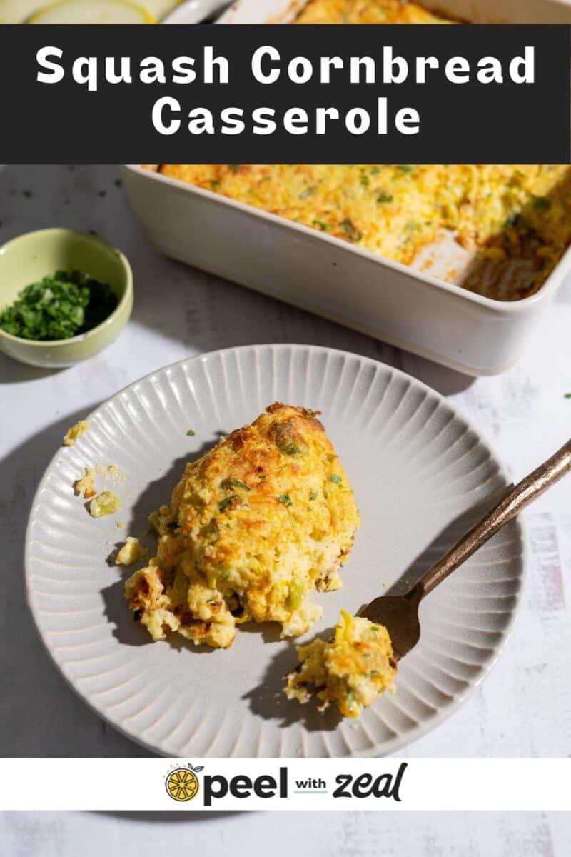 Squash cornbread casserole in the baking dish and a portion the dinner plate.