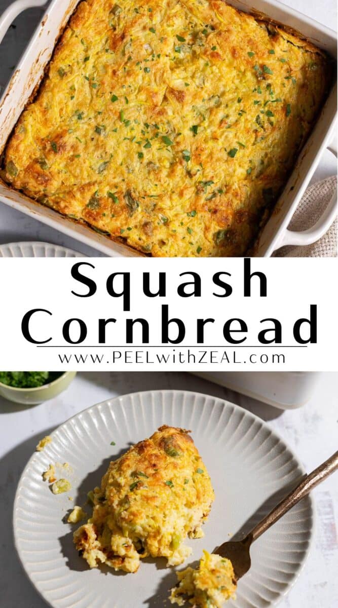 Yellow squash cornbread casserole in the baking dish and a portion in the dinner plate.
