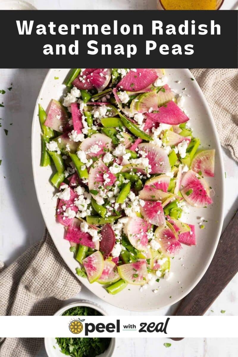 ⁣⁣⁣⁣A watermelon radish salad elegantly served on a plate, resting on the table.⁣⁣
