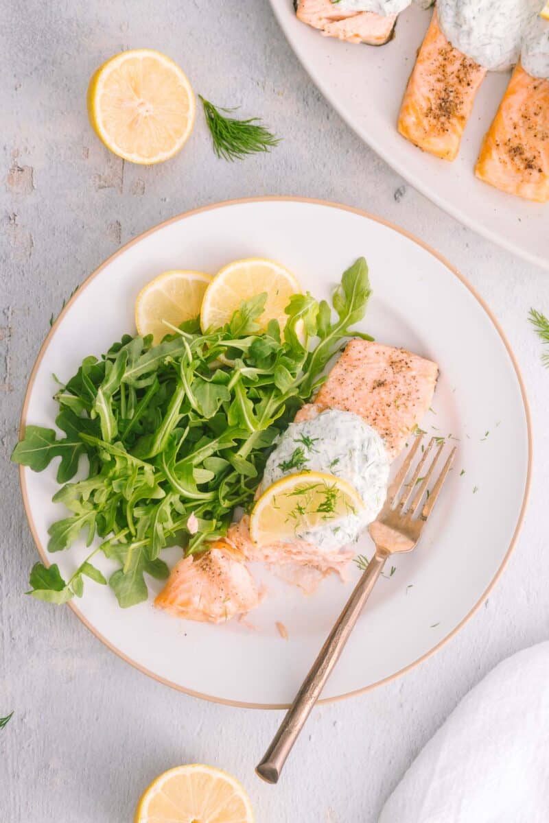 Bake salmon yogurt garnished with lemon slices served on the table.