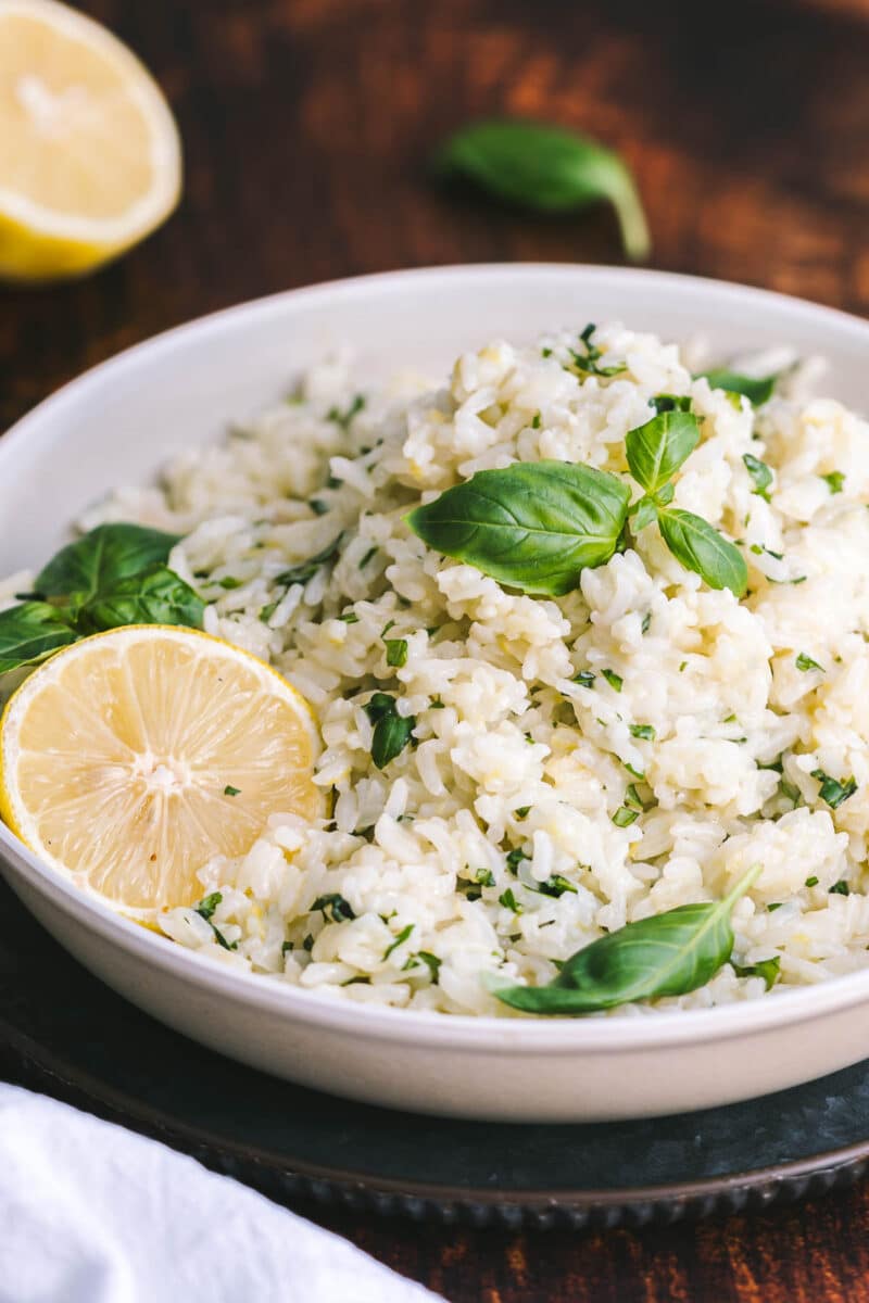 Lemon basil rice served on a shallow platter.