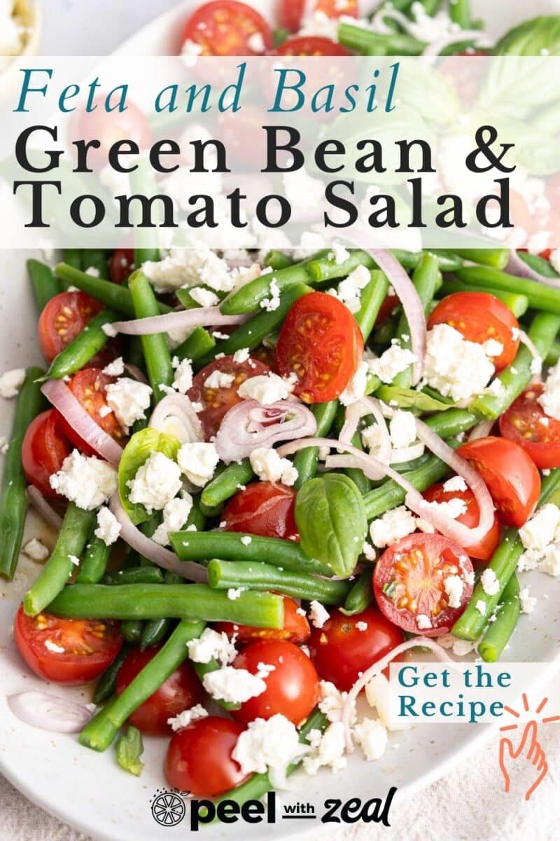 Feta green bean salad in a white platter.