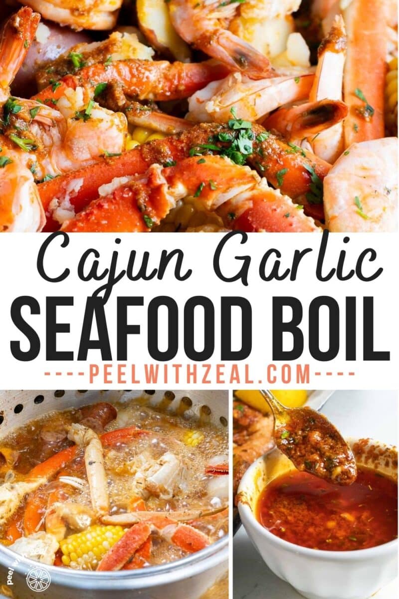 Showing Cajun Seafood Boil being served, as well as the Cajun Seafood in a bucket strainer inside the stock pot and Cajun sauce.
