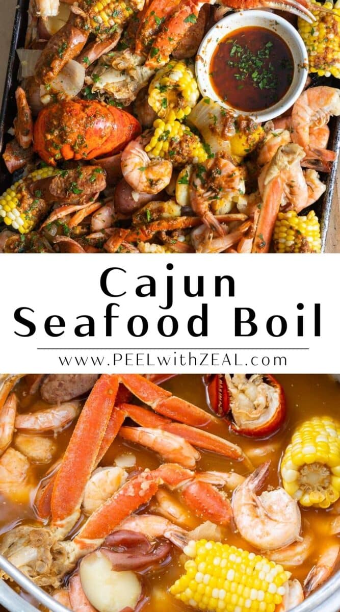 Cajun Seafood Boil on a large sheet pan and on the stock pot.