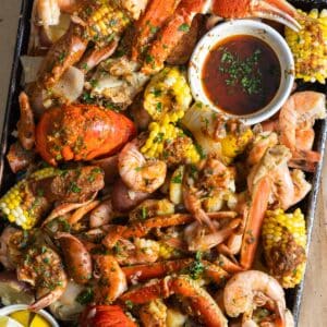 Cajun Seafood Boil on a large sheet pan.