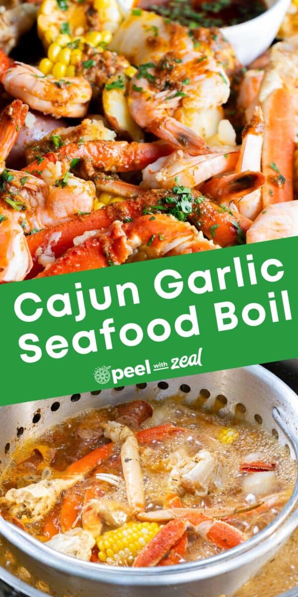 Cajun Seafood boil being served and on the bucket strainer cooking.