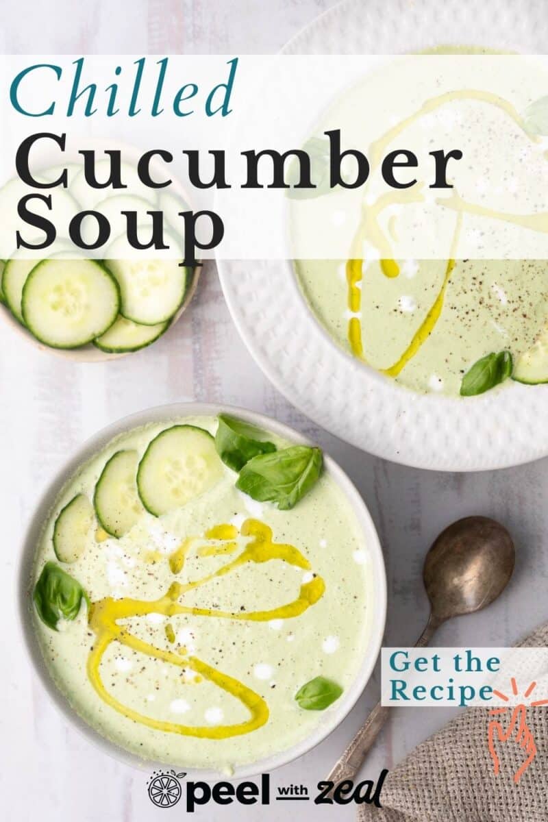 Chilled cucumber soup in a bowl placed on the table.