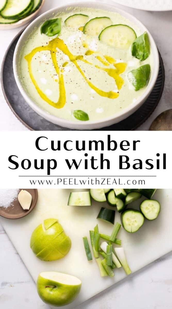 Cucumber soup with Basil served in a soup bowl.