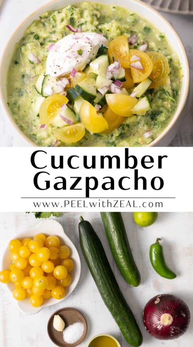 Cucumber Gazpacho in a bowl topped with cream, and the ingredients resting on the table.