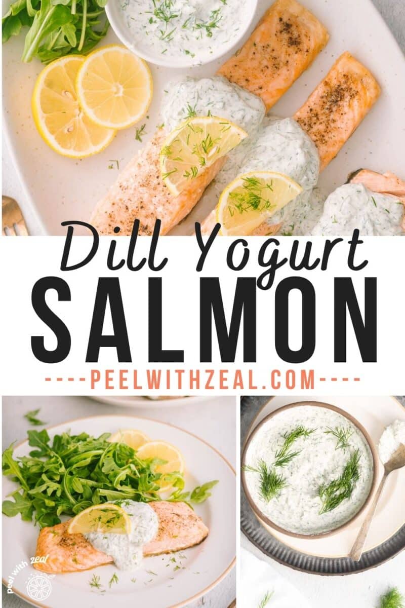Salmon yogurt with dill sauce served on the platter as well as on a dinner plate.