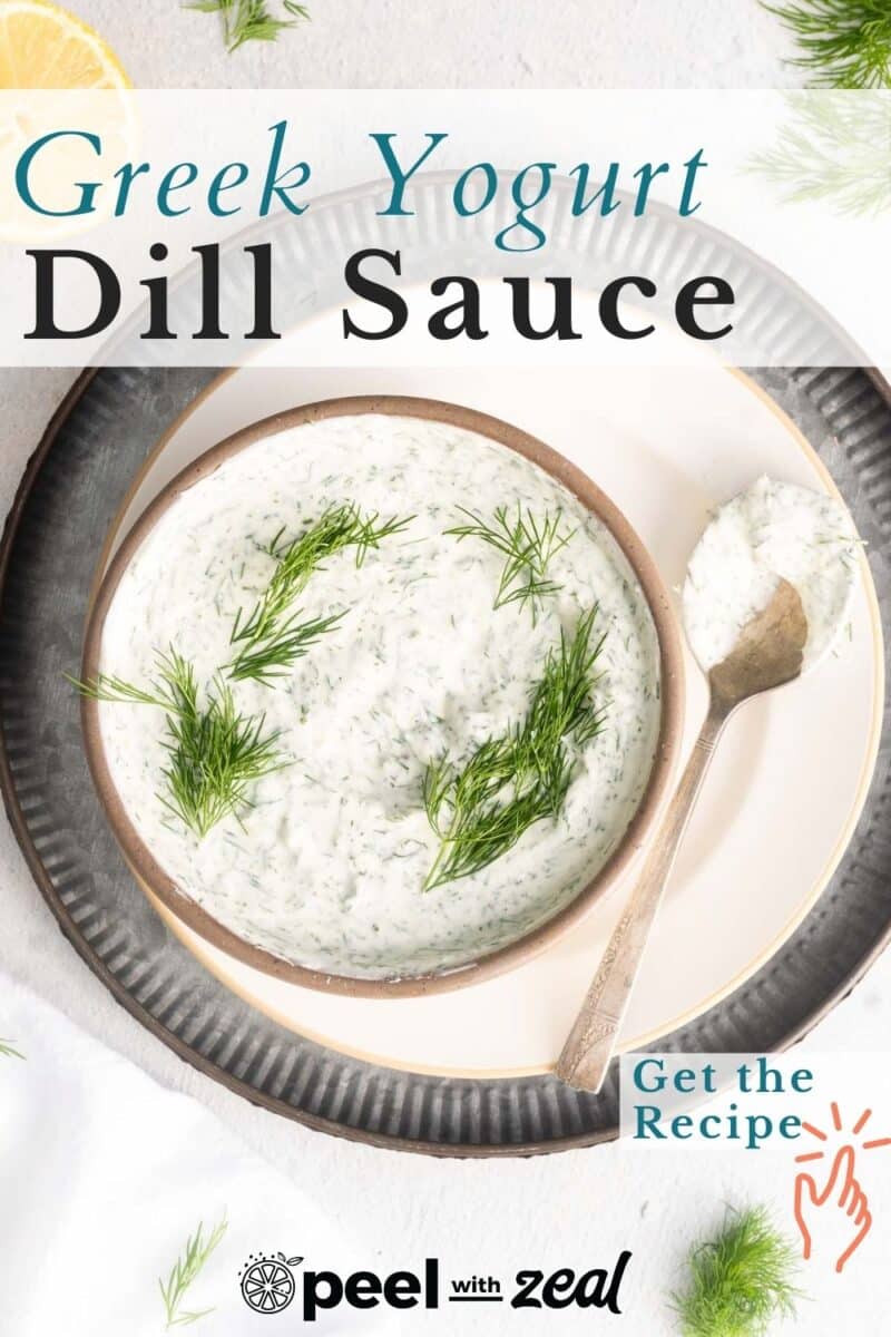 Greek yogurt with dill sauce place on a platter resting on the table.